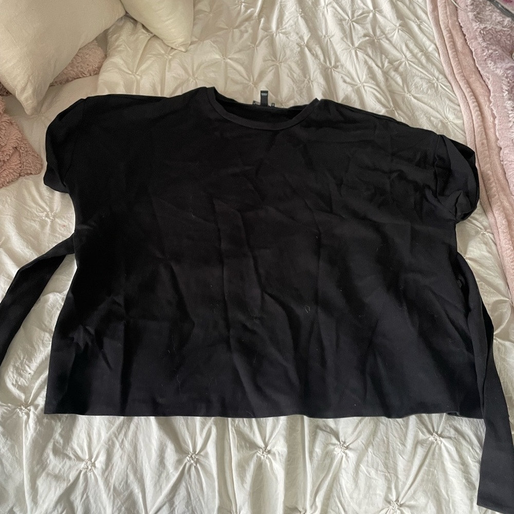 Black tie front short sleeve blouse